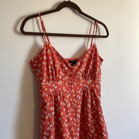 F21 Ditsy Floral Baby Doll Linen Medium Orange Yellow Retro Tank Shift Button - Picture 2 of 13